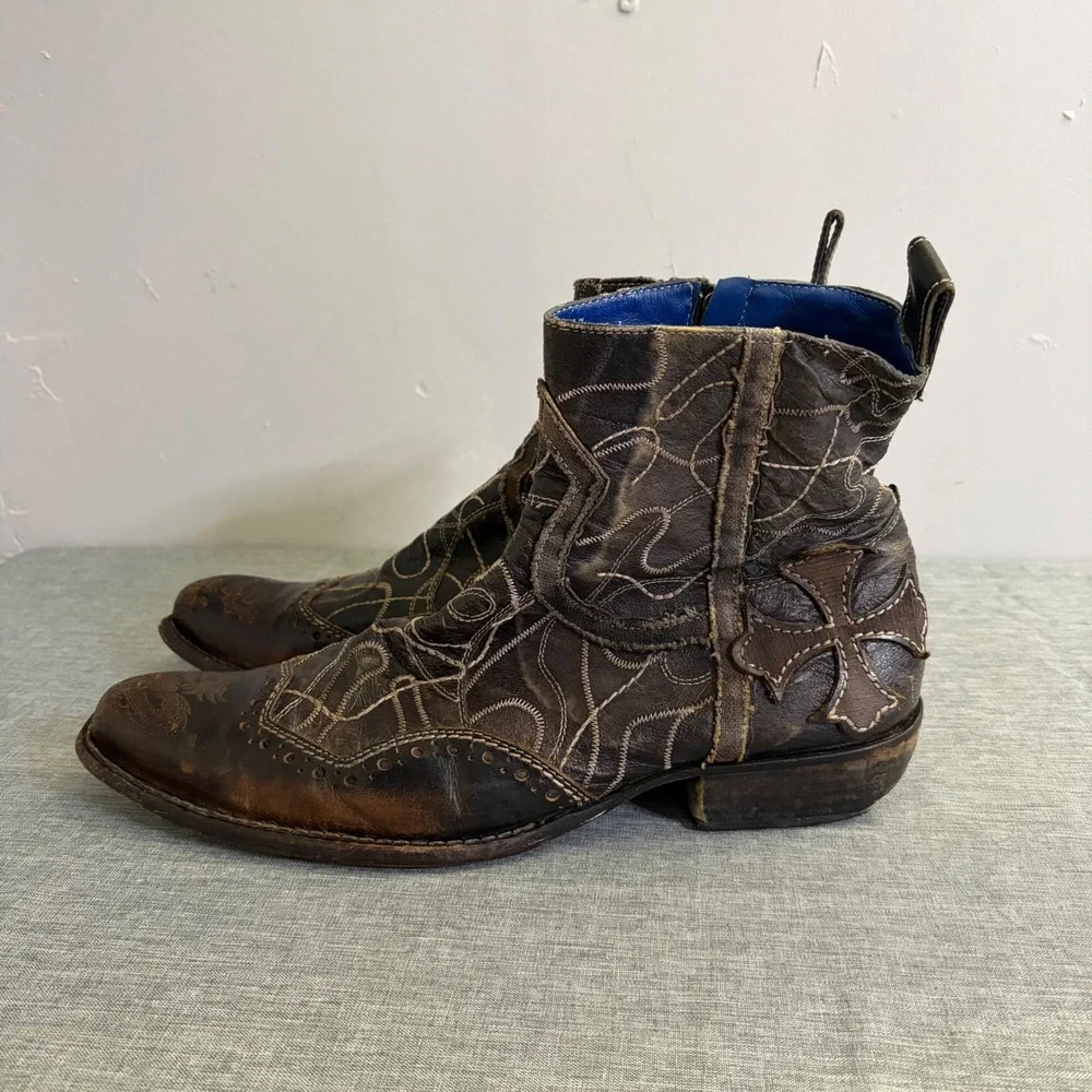 Mark Nason Boots Mens 11 Brown Rock Lir Italian‎ Leather Cross Embroidered Ankle